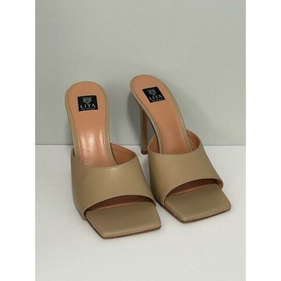 LITA by Ciara Mule Sandals Square Toe Stiletto Heels Leather Beige 42/11 NIB - Picture 1 of 9